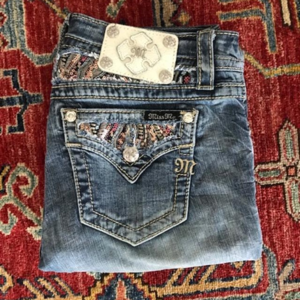 MISS ME Coral Sequin Double Design Pocket Jeans